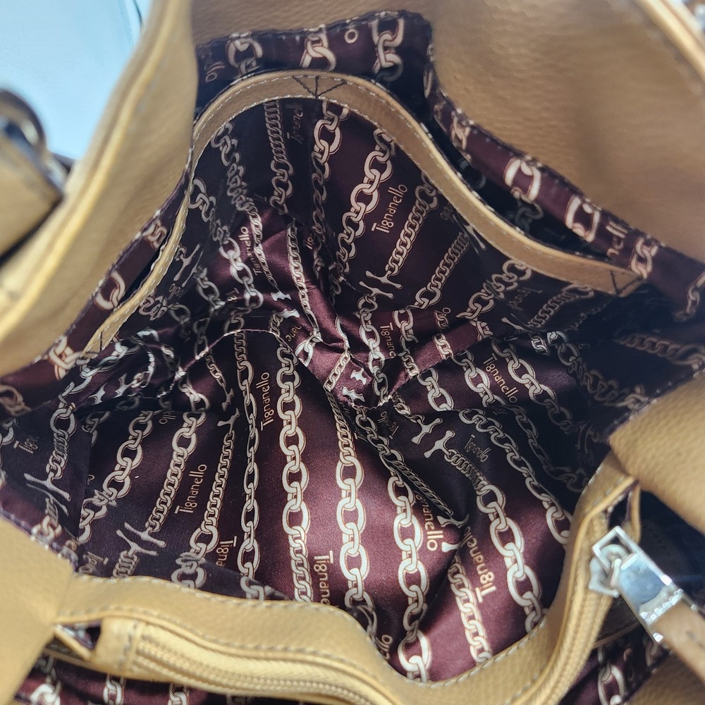 Tignanello Leather Tote Shoulder Bag Tan Brown Multi Pocket Chain Lined - Picture 10 of 16